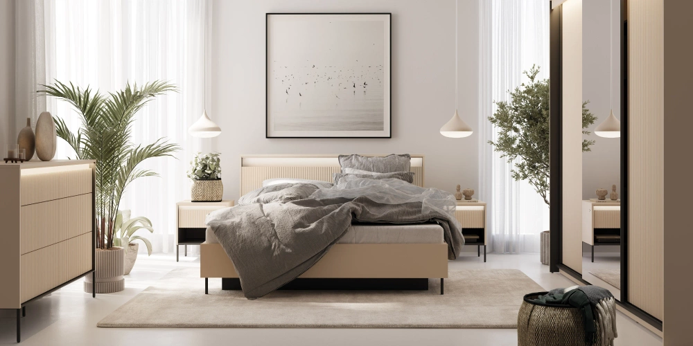 Beige sänky LED-valaistuksella 160x200 cm TREND